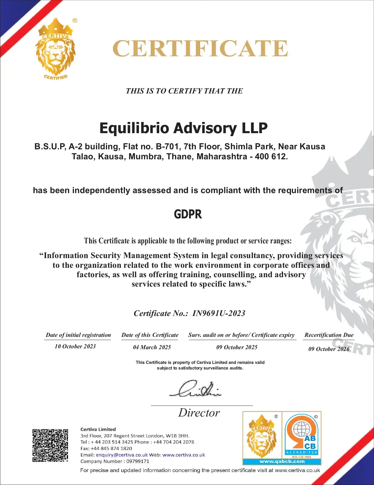 Equilibrio Advisory LLP GDPR (2025) Certificate Photo